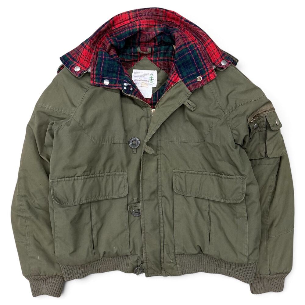Vintage Fieldmaster Green Puffer Bomber Jacket Plaid Split Hood Flannel Lined L